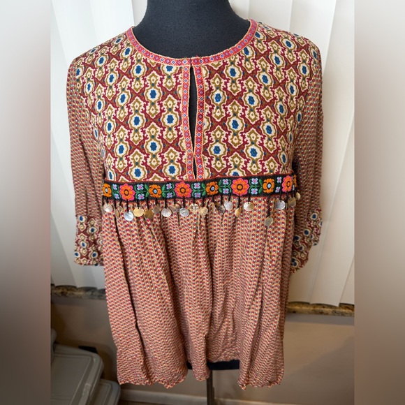 Umgee printed baby doll tunic embroidered sequin trim size Small - Picture 9 of 13